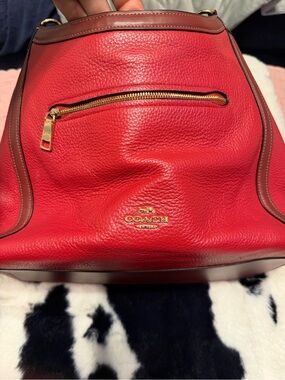 COACH Red Pebbled Leather Shoulder Bag with Brown Trim